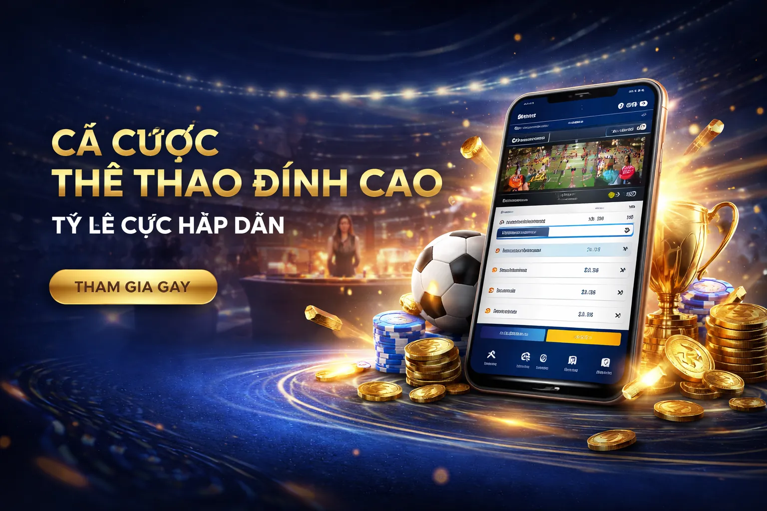 Sân vận động thể thao với ánh sáng rực rỡ và hành động cá cược